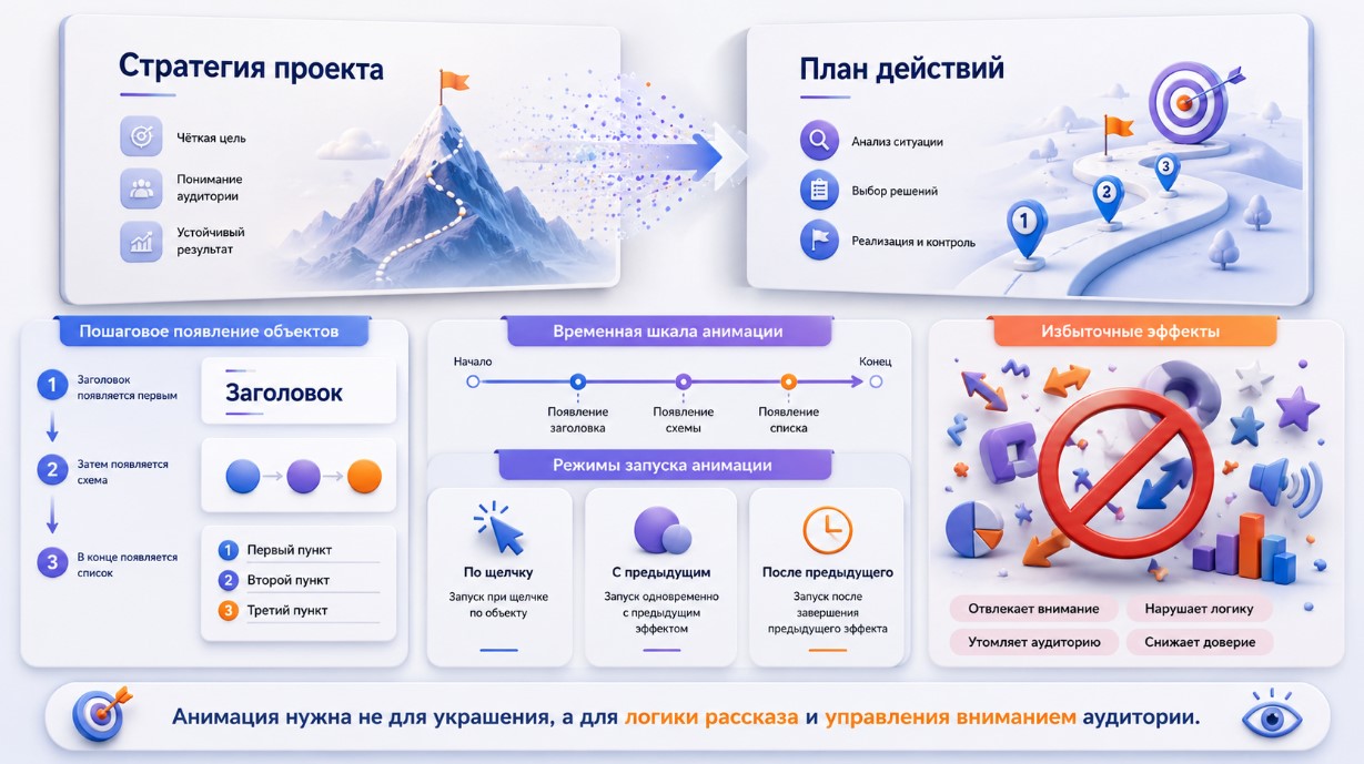 Настройка переходов и анимации в PowerPoint, порядок появления объектов и режимы запуска