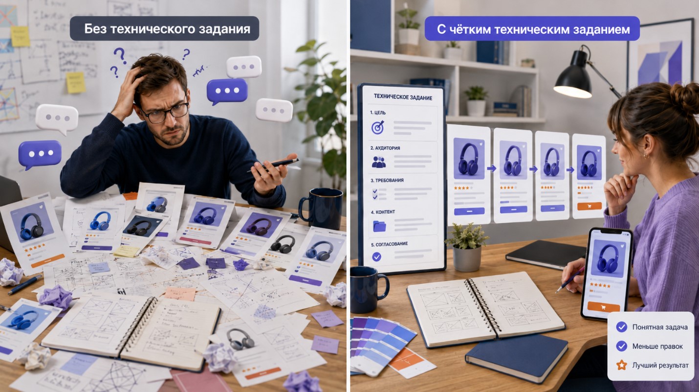 Сравнение работы над карточкой товара без технического задания и с чётким ТЗ