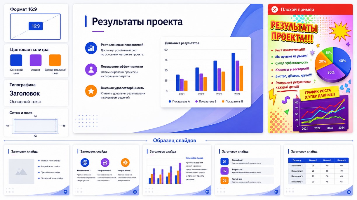 Дизайн слайдов PowerPoint: формат 16 на 9, цветовая палитра, шрифты, сетка и образец слайдов