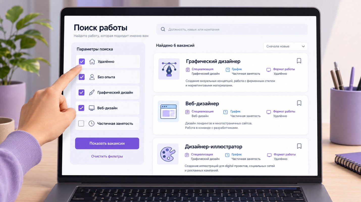 Фильтры для поиска удалённых вакансий графического и веб-дизайнера