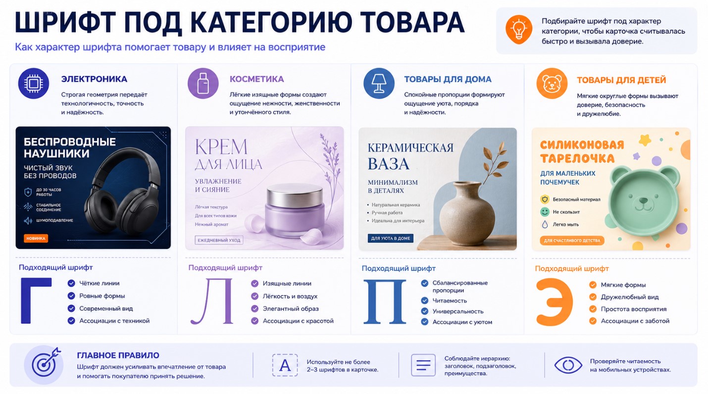 Примеры выбора шрифта для электроники, косметики, дома и детских товаров