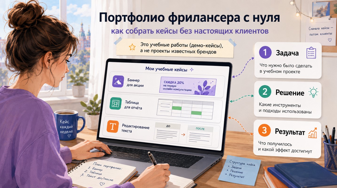 Портфолио начинающего фрилансера из учебных кейсов без реальных клиентов