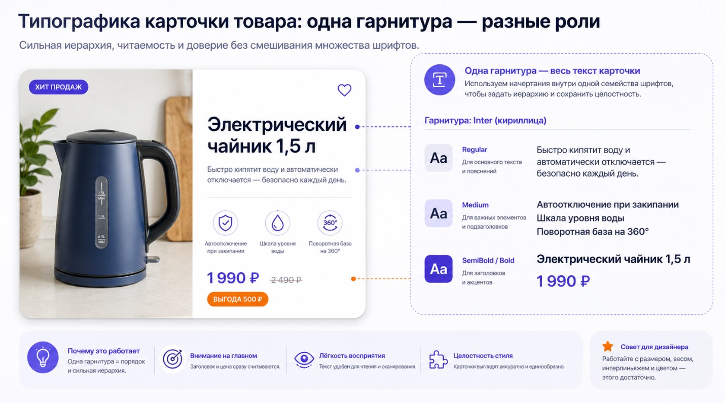 Система шрифтов для заголовка и основного текста на карточке товара