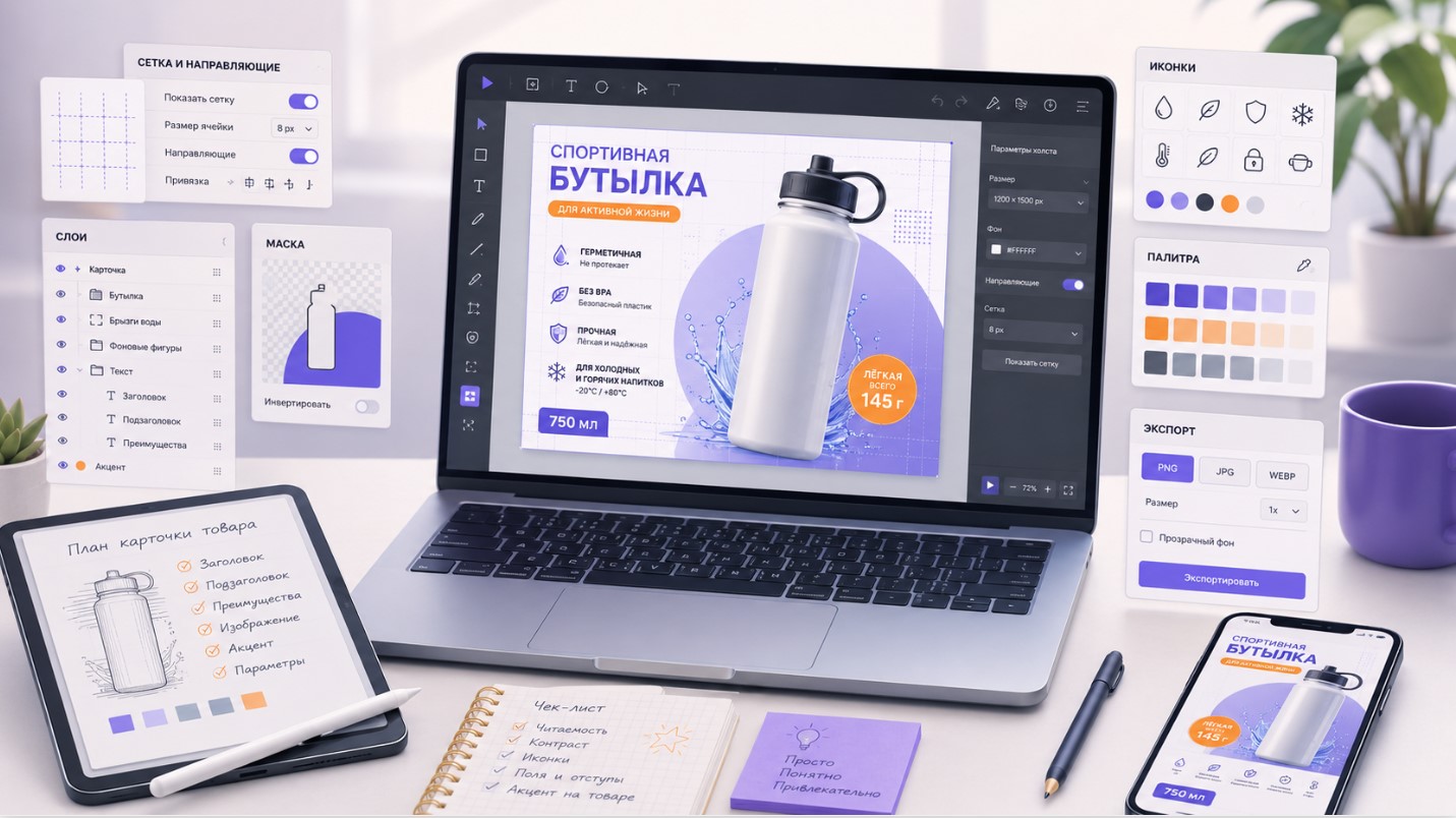 Рабочее место с инструментами для создания и редактирования инфографики карточки товара