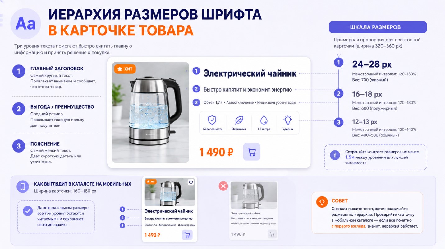 Иерархия размеров шрифта для заголовка, преимущества и пояснения в инфографике