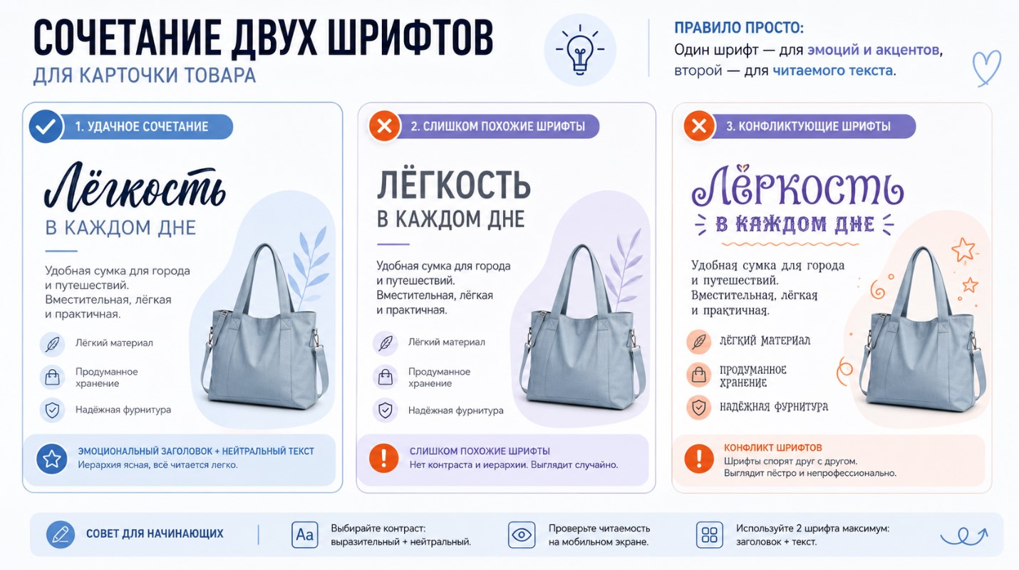 Удачное и неудачное сочетание двух шрифтов в карточке товара