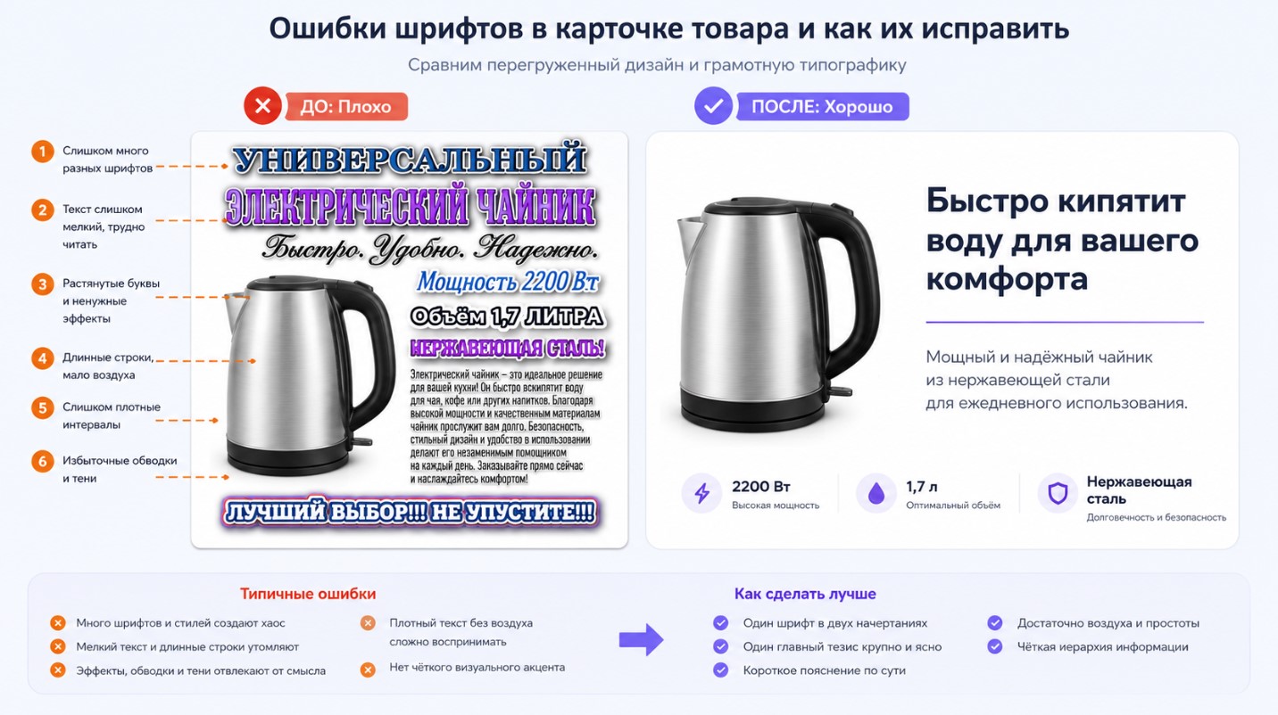 Ошибки со шрифтами в карточке товара и исправленный вариант оформления