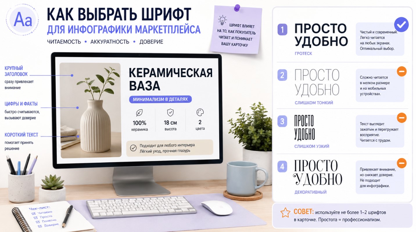Сравнение подходящих и неподходящих шрифтов для инфографики маркетплейсов