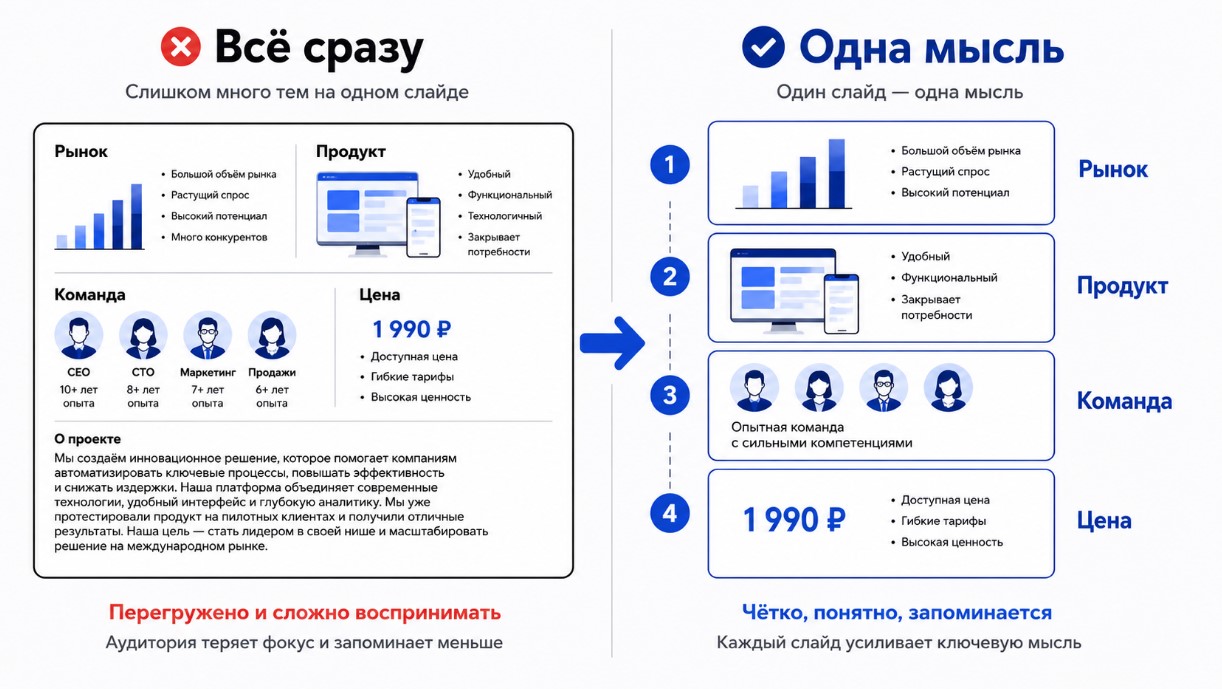 Сравнение перегруженного слайда и принципа одна мысль - один слайд