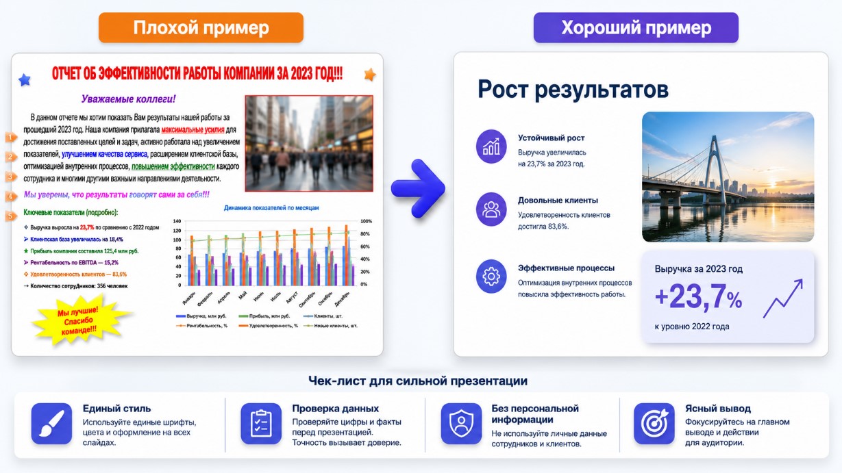 Типичные ошибки в презентации PowerPoint и сравнение плохого и хорошего оформления слайда