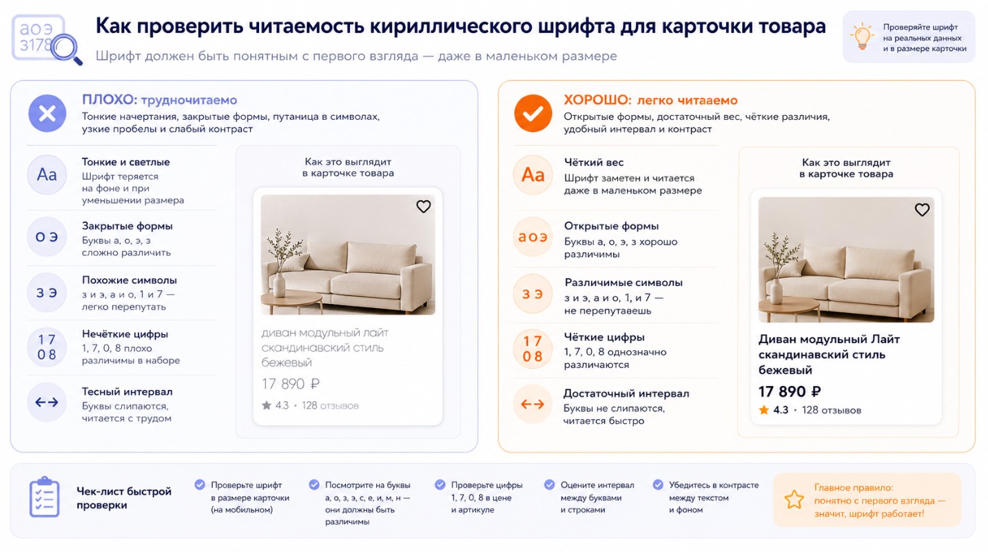 Сравнение читаемого и неразборчивого кириллического шрифта для карточки товара