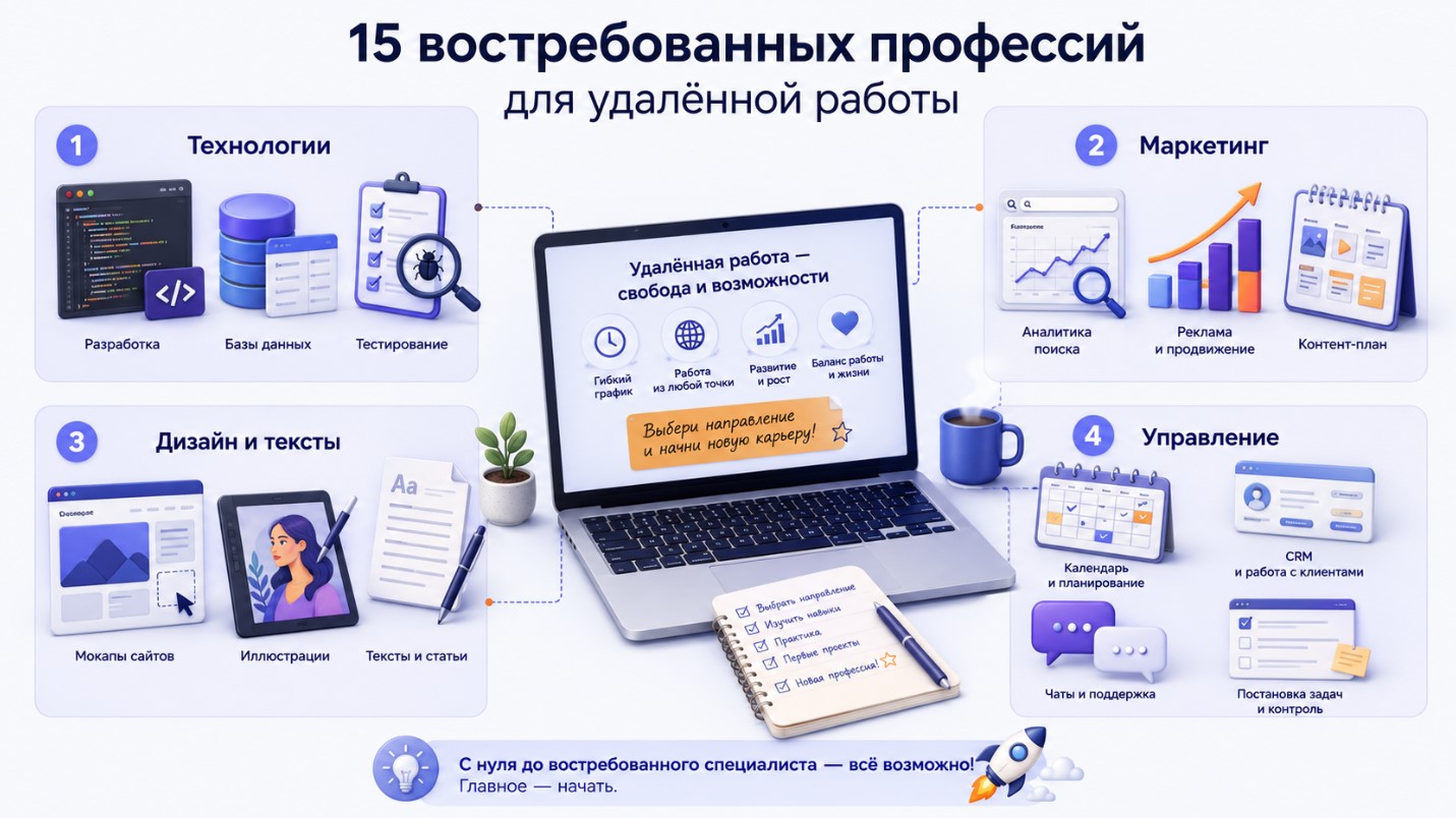 Технологии, маркетинг, дизайн, тексты, управление и поддержка как направления удалённой работы
