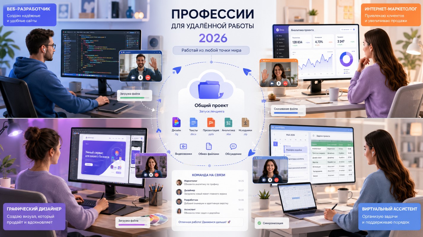 Специалисты разных профессий работают удалённо над общим цифровым проектом