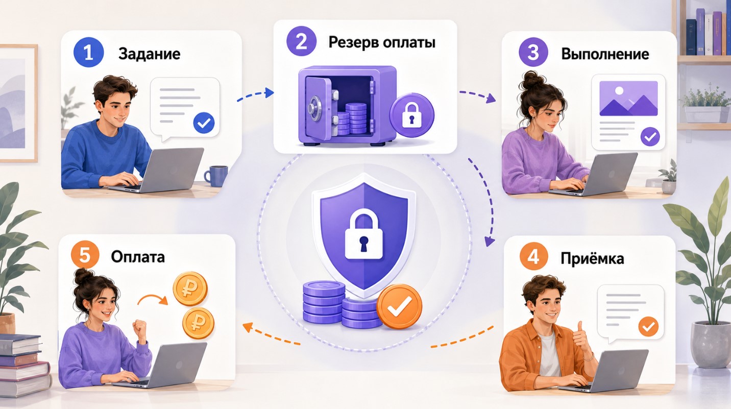 Этапы безопасной сделки на фрилансе от задания и резерва оплаты до приёмки и выплаты