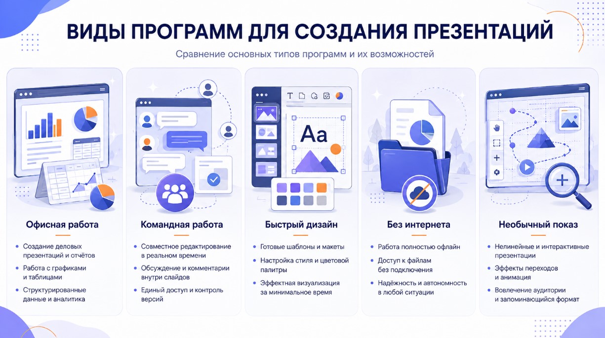 Сравнение программ для презентаций по задачам: офис, команда, дизайн, автономная работа и необычный показ