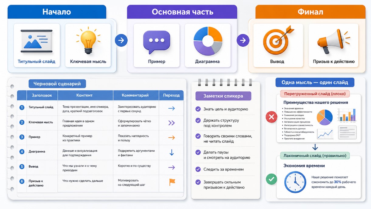 Структура презентации PowerPoint: начало, основная часть, финал и черновой сценарий