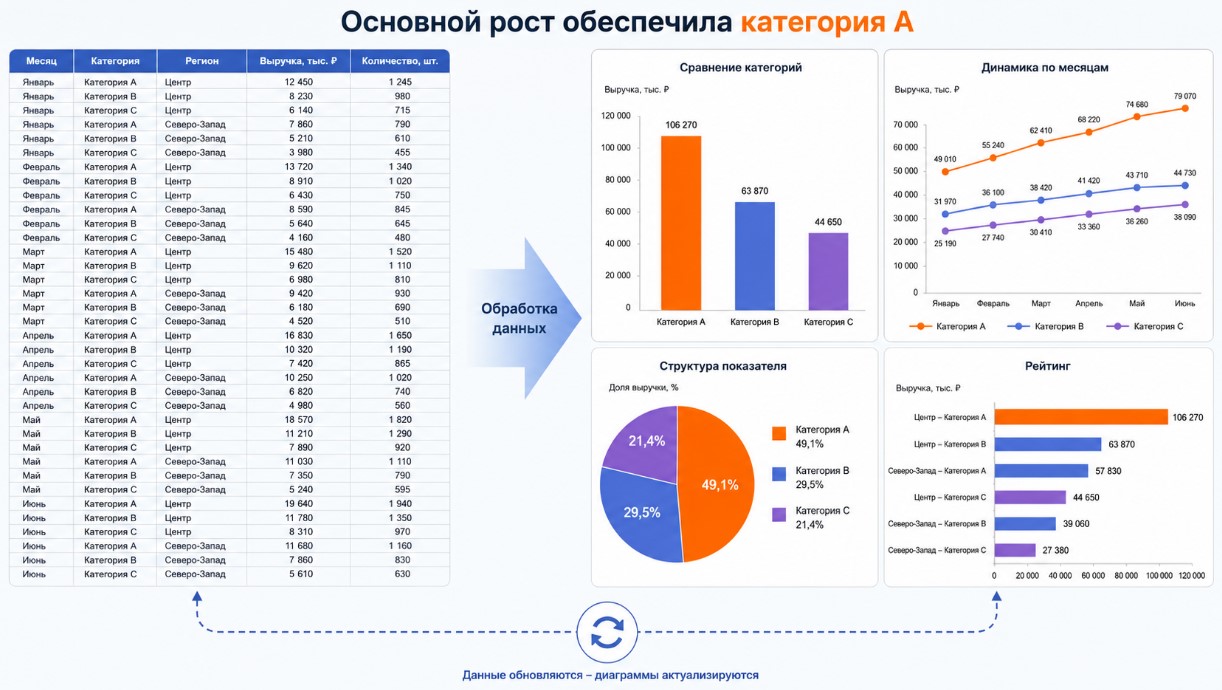Таблицы, столбчатые и линейные диаграммы, круговой график и рейтинг в презентации