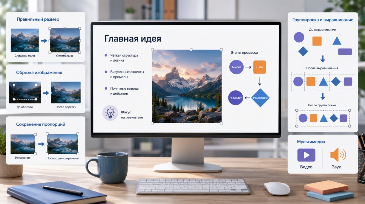 Добавление текста, изображений, фигур, видео и звука на слайд презентации