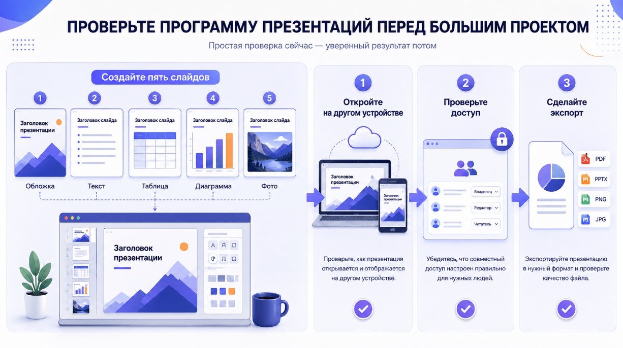 Проверка программы для презентаций: пять тестовых слайдов, другое устройство, доступ и экспорт