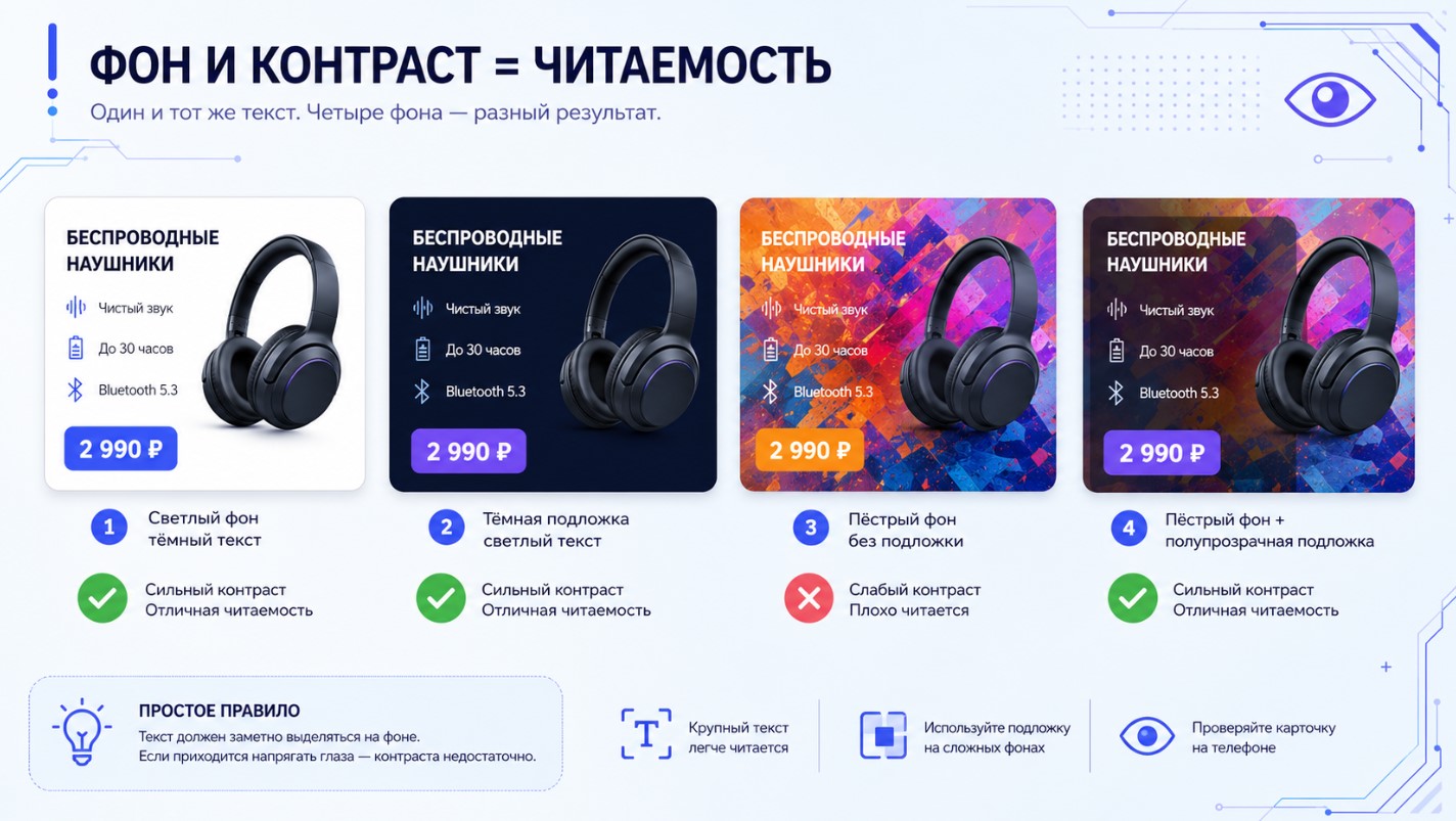 Примеры хорошего и плохого контраста текста на фоне карточки товара