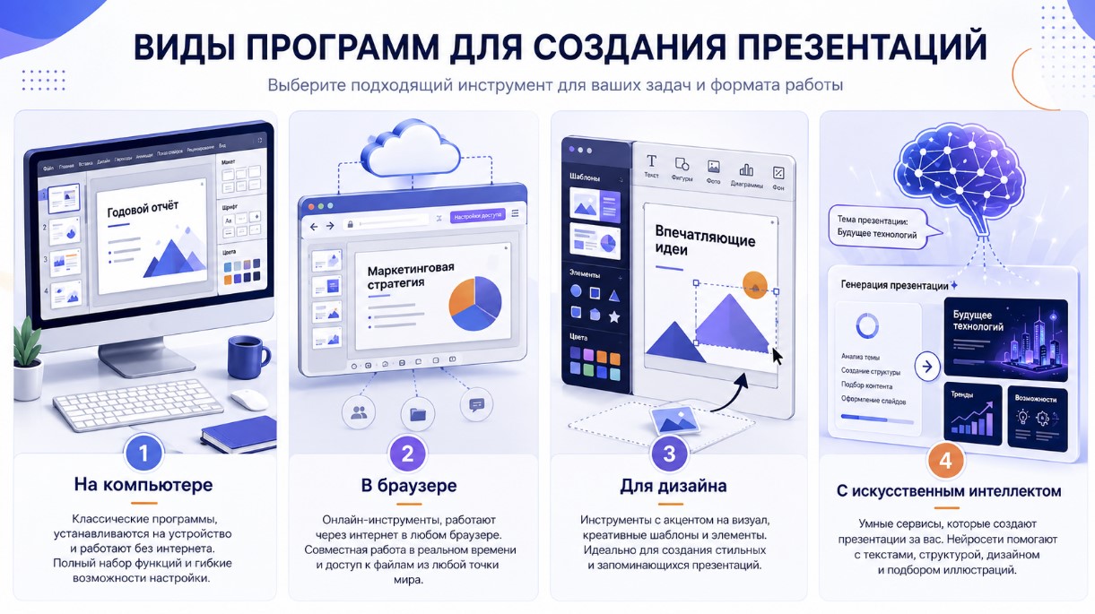 Основные виды программ для создания презентаций: настольные, облачные, дизайнерские и AI-инструменты