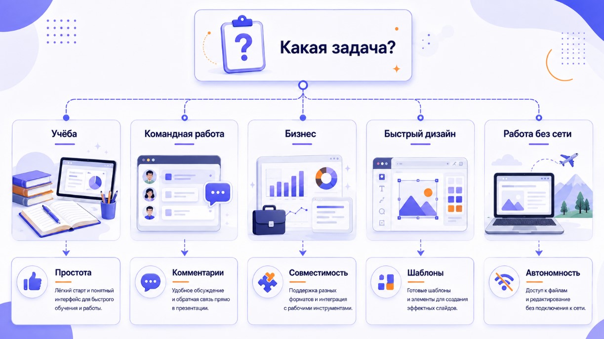 Дерево выбора программы для презентаций по задаче: учёба, команда, бизнес, дизайн и работа без сети