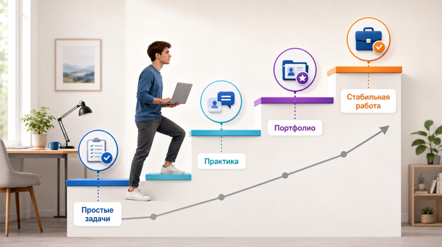Рост заработка новичка на удалённой работе по мере развития навыков
