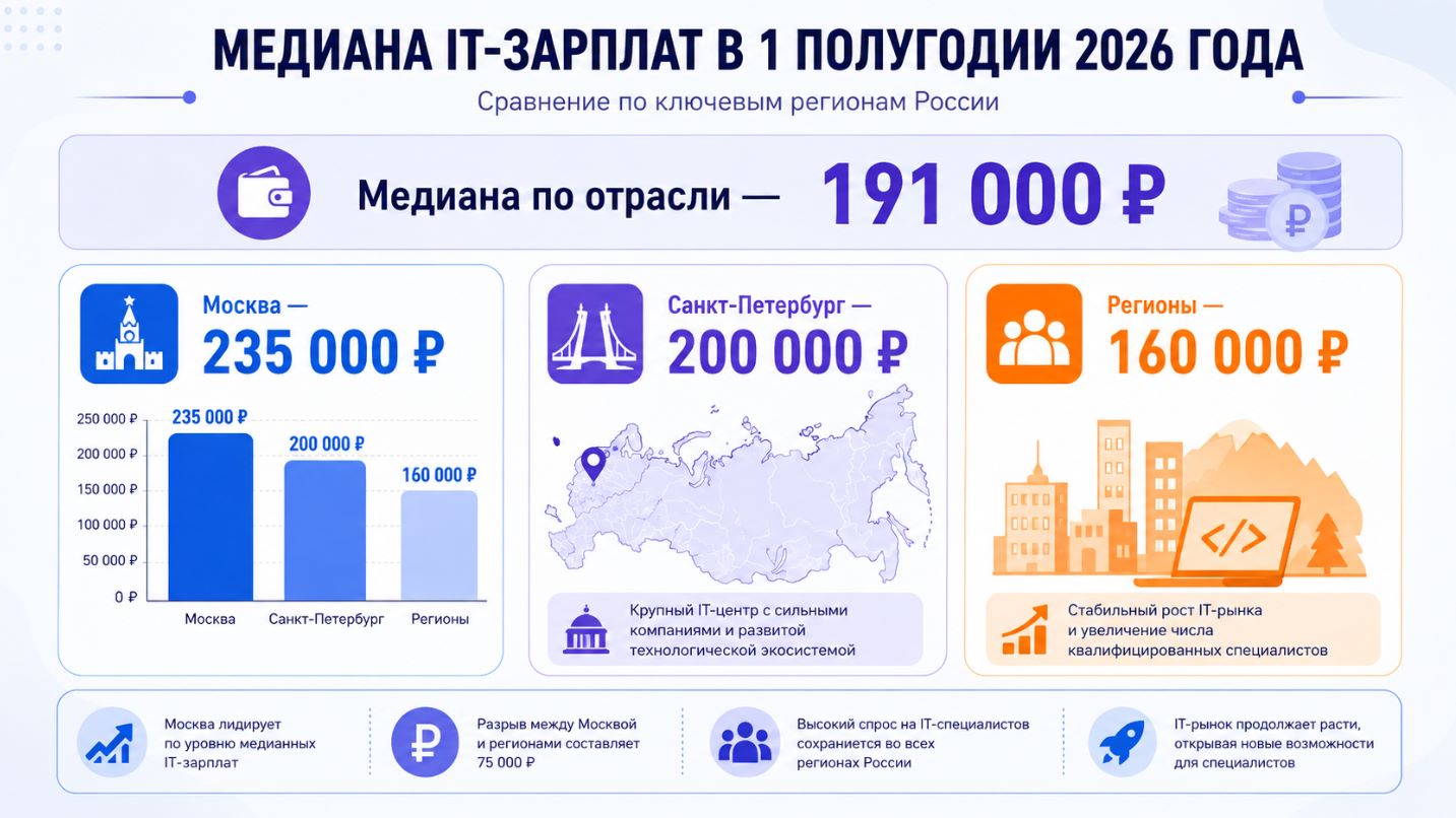 Медианные зарплаты IT-специалистов в Москве, Санкт-Петербурге и регионах