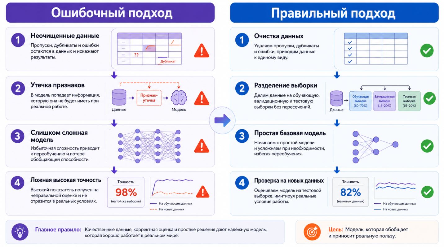Ошибочный и правильный подход к подготовке данных и проверке модели машинного обучения