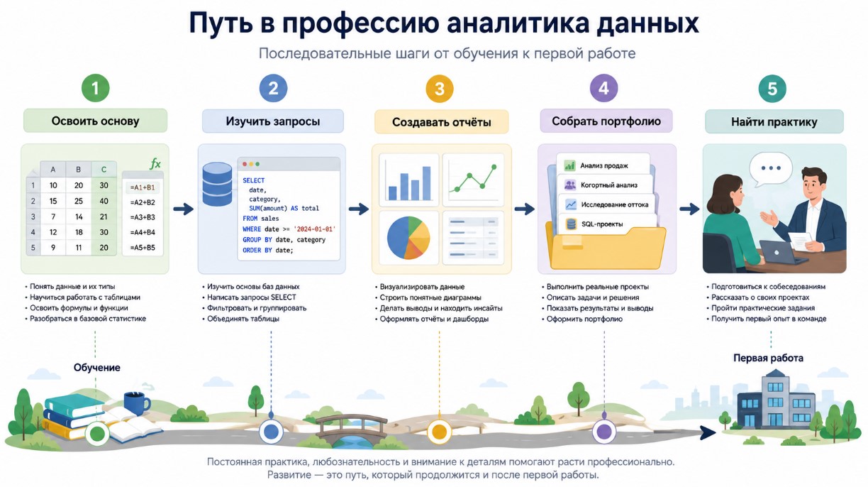 Пошаговый путь в профессию аналитика данных с нуля от обучения до первой практики