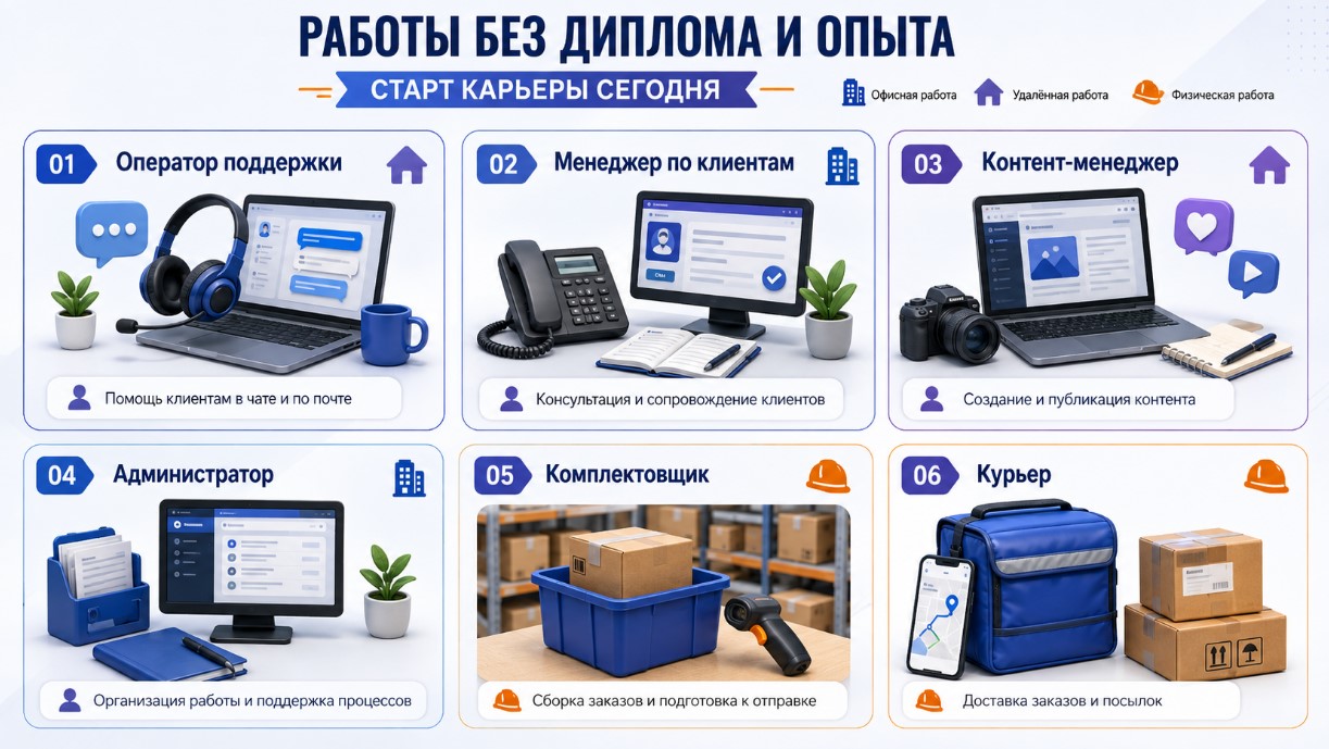 Вакансии без диплома и опыта для начинающих